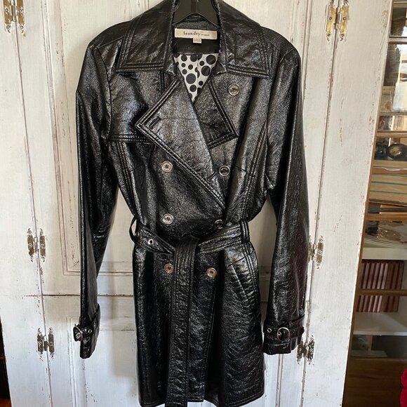 Laundry Black Double-Breasted Rain Trench Size L with Silver Snap Front & Belt - Picture 1 of 16